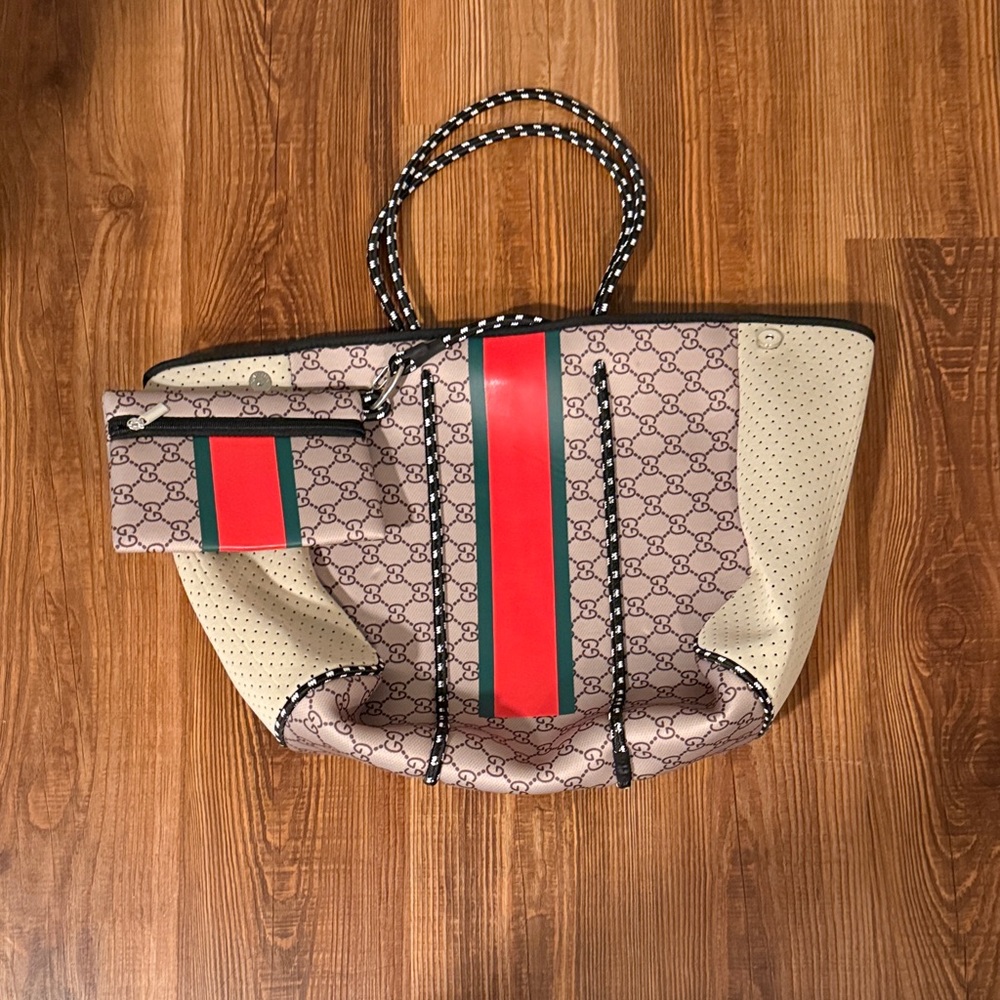 Designer Beige and Red Tote Bag